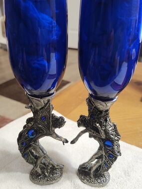 Fellowship Foundry "Arthur & Guinevere" Pewter & Cobalt Blue Toasting Flutes